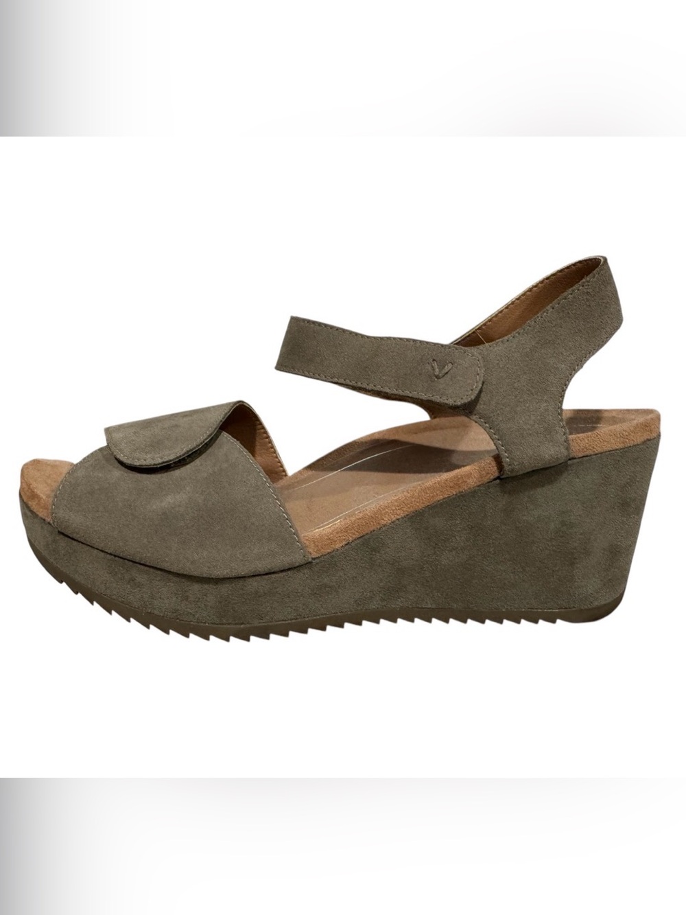 Vionic Womens Astrid II Sandal Size 10 Taupe Suede Ankle Strap Wedge Platforms
